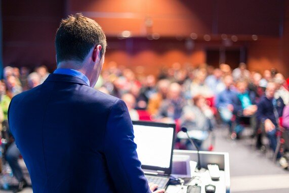 Conference room with uplighters and stage lighting