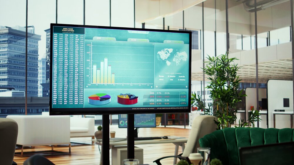 Single LED display on a floor stand at an event